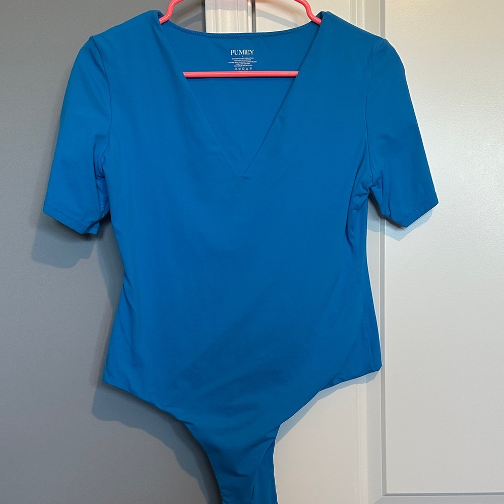 Fauxy Blue V-Neck Bodysuit
